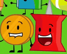 a group of cartoon characters including a pin and a penny