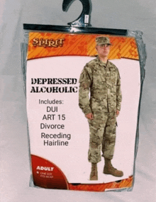 a package of a depressed alcoholic costume for adults
