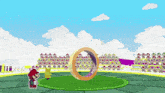 a cartoon of mario playing a game with a ring in the background