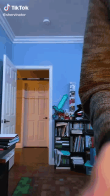 a room with a bookshelf and a door that says tiktok on the bottom