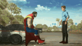 a man in a superman costume is talking to another man
