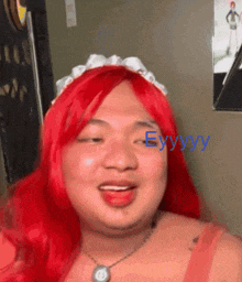 a woman with red hair is wearing a maid costume and says eyyy