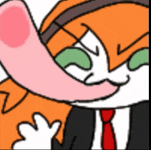 a close up of a cartoon character wearing a black suit and red tie