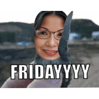 a woman with glasses holds a knife in front of her face and the words fridayyyy are below her