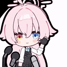 a girl with pink hair and blue eyes is holding a microphone .