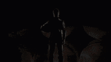 a silhouette of a man standing in front of a bright red light