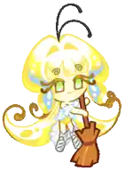 a cartoon drawing of a girl with long yellow hair holding a broom