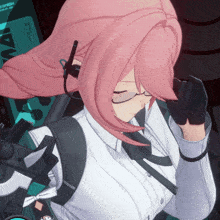 a girl with pink hair and glasses stands in front of a sign that says ' a ' on it