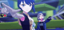 a couple of anime girls are standing next to each other and one of them is holding a gun .