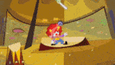 a cartoon clown is standing on a stage