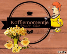 a cartoon of a woman pouring a cup of coffee in front of a sign for koffiemomentje