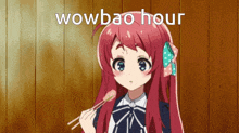 a girl with long red hair is eating something with chopsticks with the words wowbao hour written above her