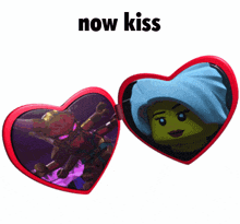 a pair of heart shaped sunglasses with the words now kiss