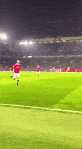 a soccer player in a red shirt is running on the field