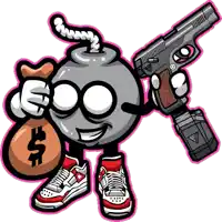 a bomb holding a gun and a bag of money