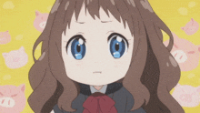 a girl with long brown hair and blue eyes stands in front of a yellow background with pigs