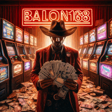 a man in a cowboy hat holding a bunch of money in front of a neon sign that says balon168