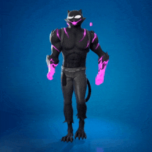 a man in a black cat costume with purple glowing eyes