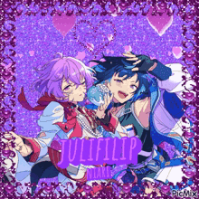 a couple of anime characters standing next to each other on a purple background with the name julifilip on it