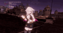 a screenshot of a video game shows a girl holding a sword in front of castles
