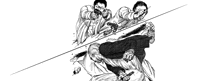 a black and white drawing of three men holding guns and a man laying on the floor .