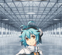 a girl with blue hair and a hat is standing in a warehouse