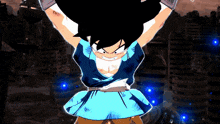 a cartoon character in a blue shirt is holding his arms up in the air