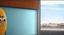 a cartoon character with a sad face is looking out a window