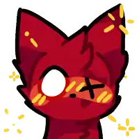 a drawing of a red cat with a white eye and a cross on its face