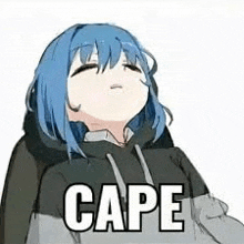 a girl with blue hair is wearing a black hoodie and a cape .