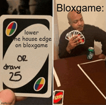 a person is holding a uno card next to a man playing uno .