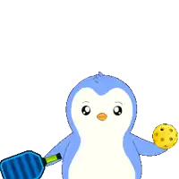 a penguin is holding a paddle and a ball in the air