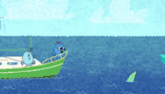 a shark is swimming in the ocean next to a green boat