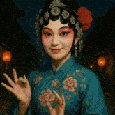 a woman in a blue dress with flowers on it is making an ok sign