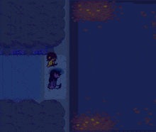 a pixel art of two people standing next to a body of water