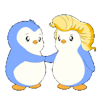 two penguins standing next to each other with one wearing a blonde mohawk