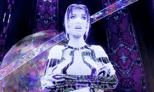 a computer screen shows a woman holding a gun and a planet in the background