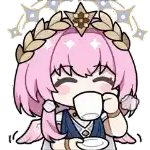 a cartoon girl with pink hair is drinking from a cup .