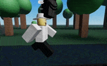 a cartoon character in a white shirt and hat is running through a forest with trees and says kay