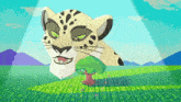 a cartoon leopard is standing in a field with a tree in its mouth