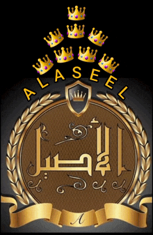 a logo for alaseel has a shield with a crown on it