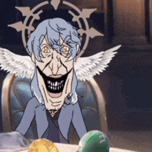 a cartoon character with wings and a halo around his head