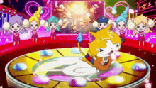 a cartoon cat is dancing on a stage in front of a crowd .