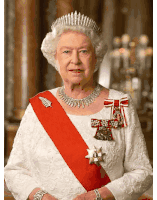 queen elizabeth wearing a white dress with a red sash around her waist