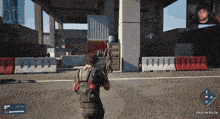 a video game screen shows a man holding a gun and the words " get to the sky car "