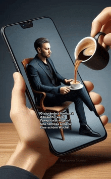 a man in a suit is pouring a cup of coffee into a cell phone