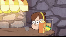 a cartoon character sitting at a table with a box of orange juice and a glass