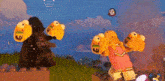 a group of lego characters are standing next to each other in a field holding balloons .