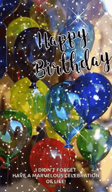 a bunch of colorful balloons with the words `` happy birthday '' on them .