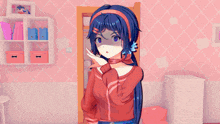 a girl with blue hair is standing in front of a door